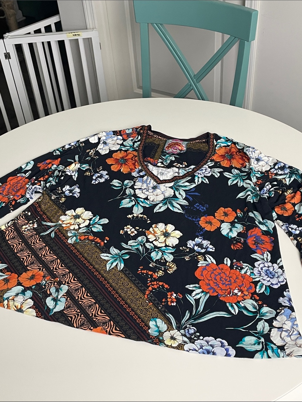 Johnny Was Black Floral V-Neck Blouse with Teal and Orange Accents - Picture 10 of 14